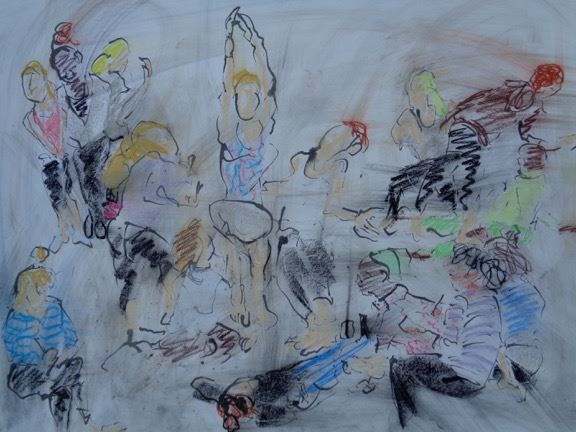 A colorful sketch of dancers in a studio by Daniel Jay